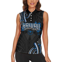 Traditional Art Hawaiian Kakau Tattoos Women Sleeveless Polo Shirt Blue Color - Polynesian Pride
