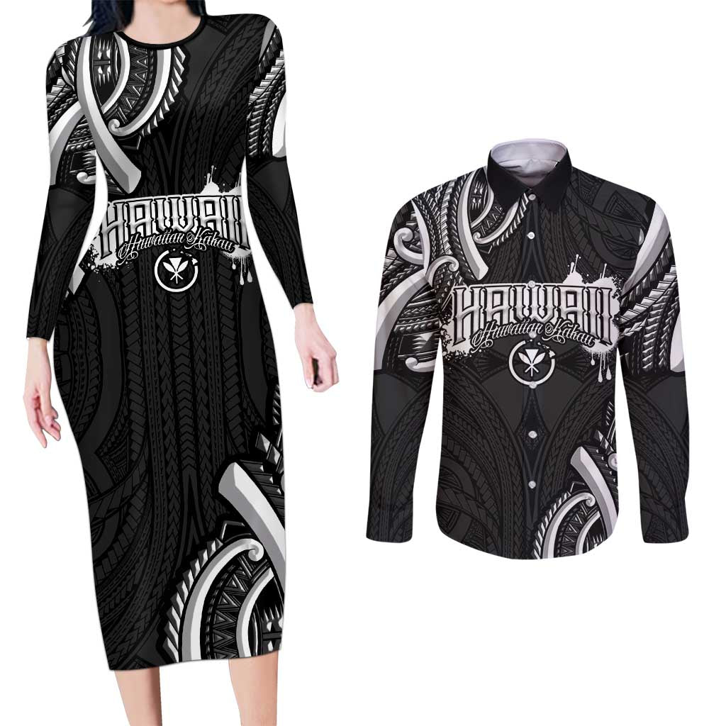 Traditional Art Hawaiian Kakau Tattoos Couples Matching Long Sleeve Bodycon Dress and Long Sleeve Button Shirt White - Polynesian Pride