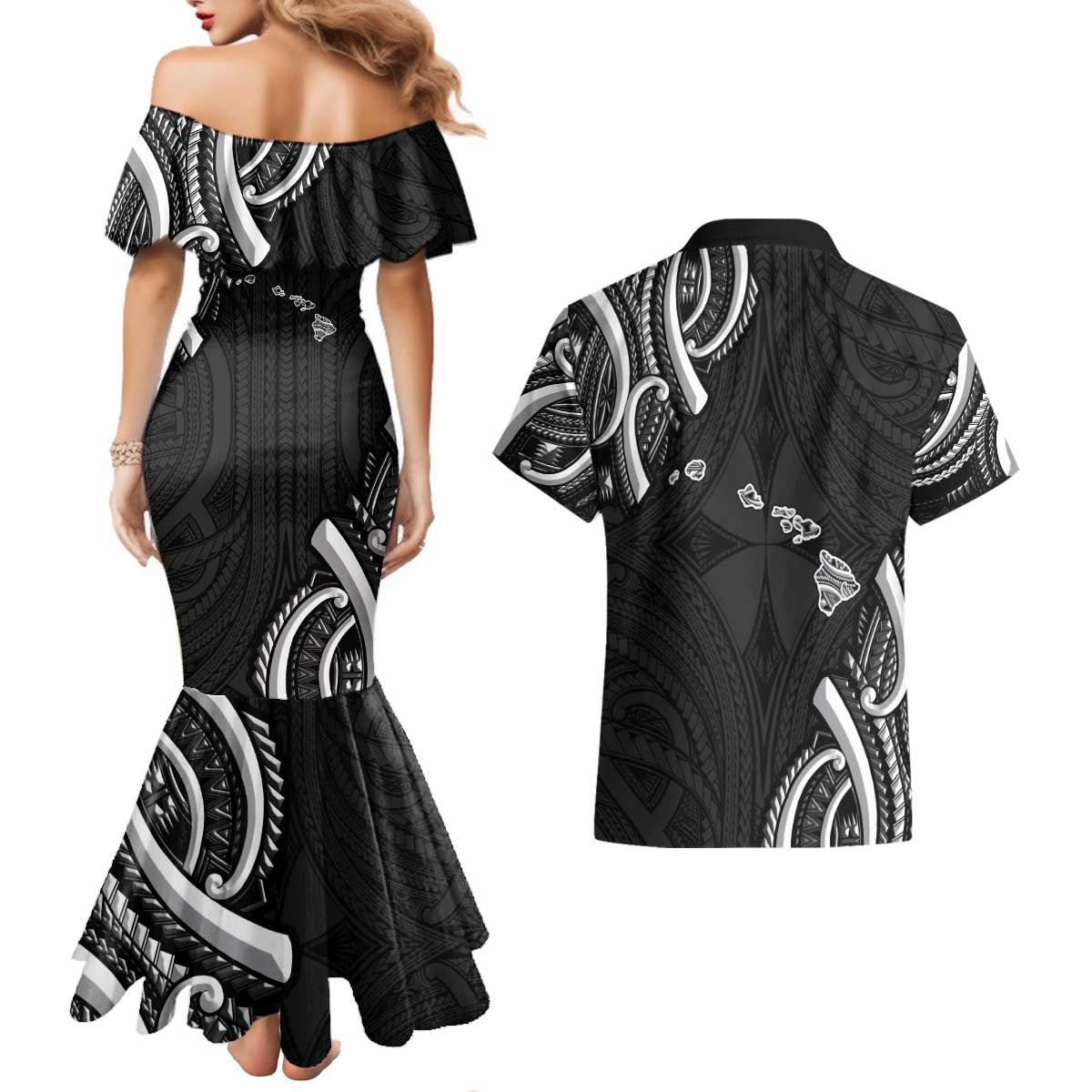 Traditional Art Hawaiian Kakau Tattoos Couples Matching Mermaid Dress and Hawaiian Shirt White - Polynesian Pride