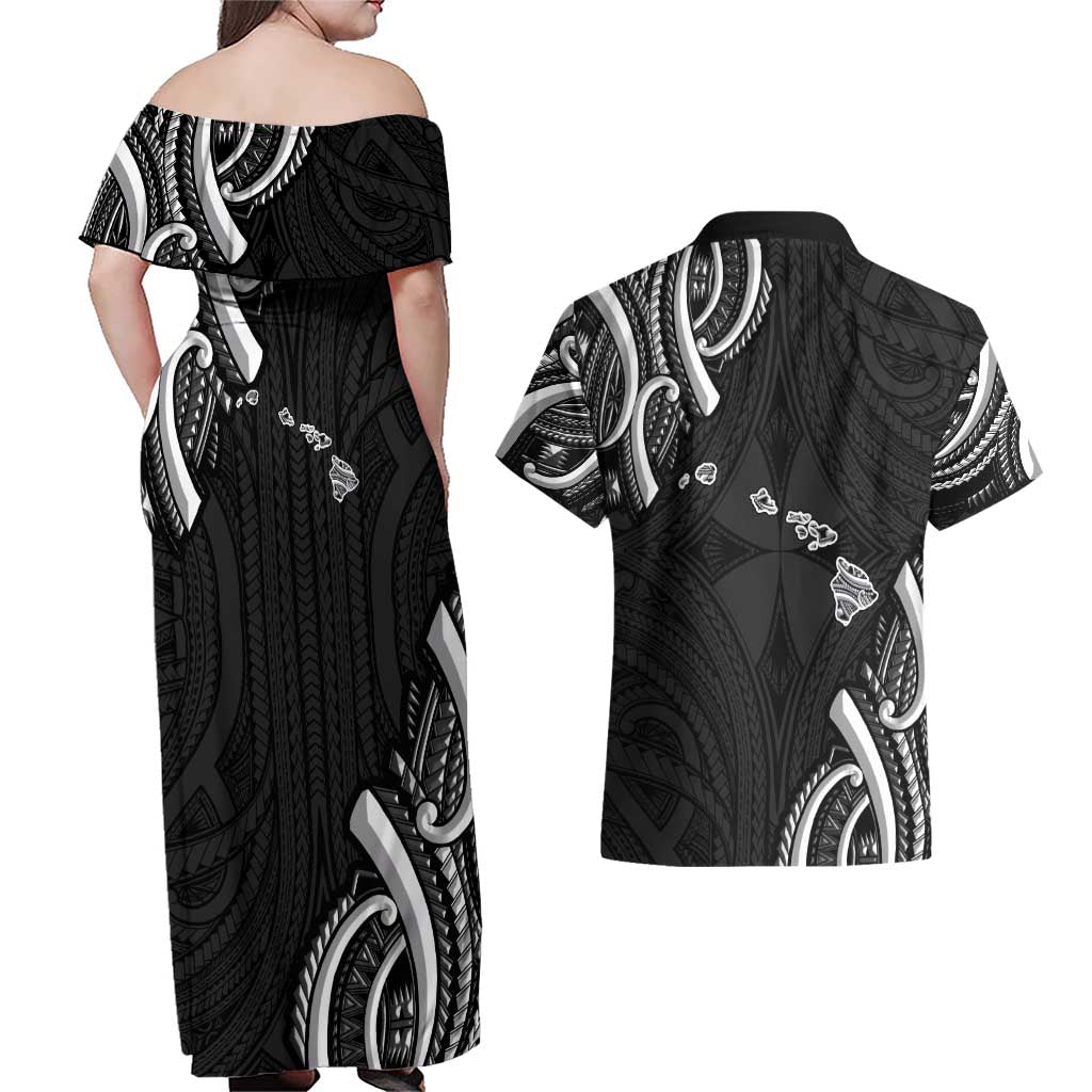 Traditional Art Hawaiian Kakau Tattoos Couples Matching Off Shoulder Maxi Dress and Hawaiian Shirt White - Polynesian Pride