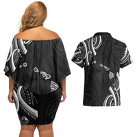 Traditional Art Hawaiian Kakau Tattoos Couples Matching Off Shoulder Short Dress and Hawaiian Shirt White - Polynesian Pride