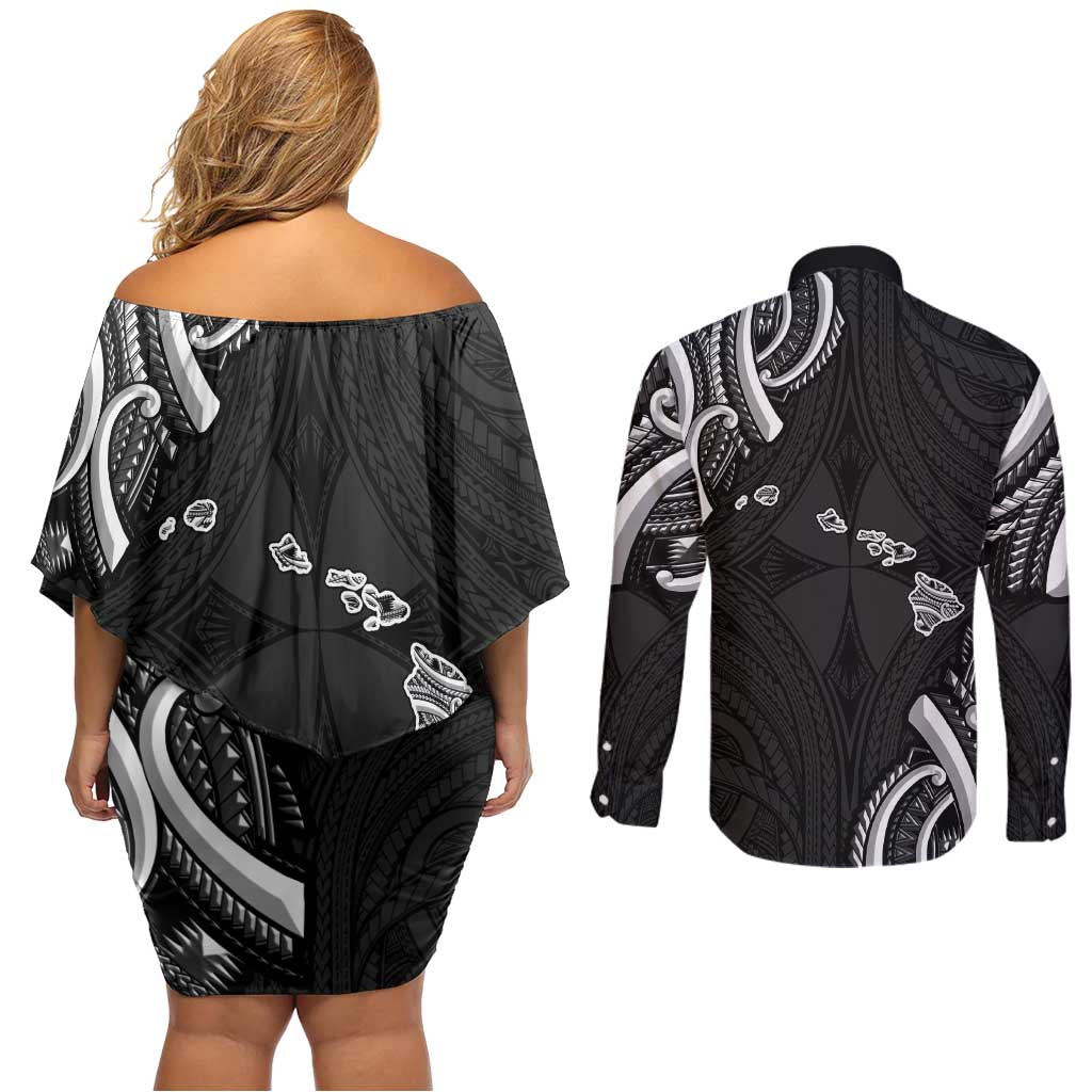 Traditional Art Hawaiian Kakau Tattoos Couples Matching Off Shoulder Short Dress and Long Sleeve Button Shirt White - Polynesian Pride