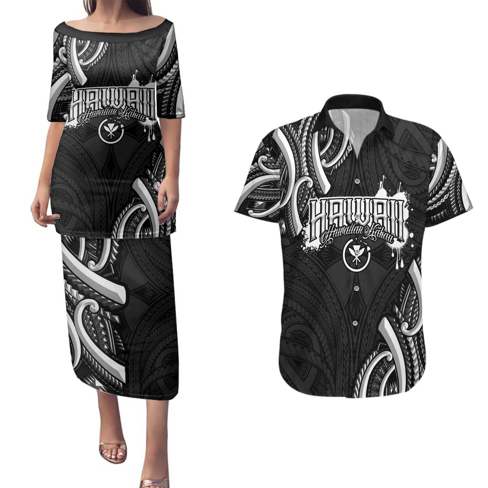 Traditional Art Hawaiian Kakau Tattoos Couples Matching Puletasi and Hawaiian Shirt White - Polynesian Pride