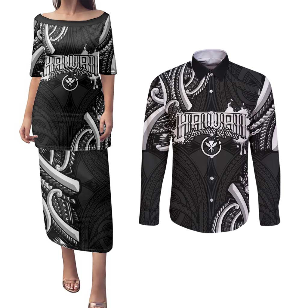 Traditional Art Hawaiian Kakau Tattoos Couples Matching Puletasi and Long Sleeve Button Shirt White - Polynesian Pride
