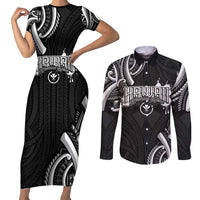 Traditional Art Hawaiian Kakau Tattoos Couples Matching Short Sleeve Bodycon Dress and Long Sleeve Button Shirt White - Polynesian Pride