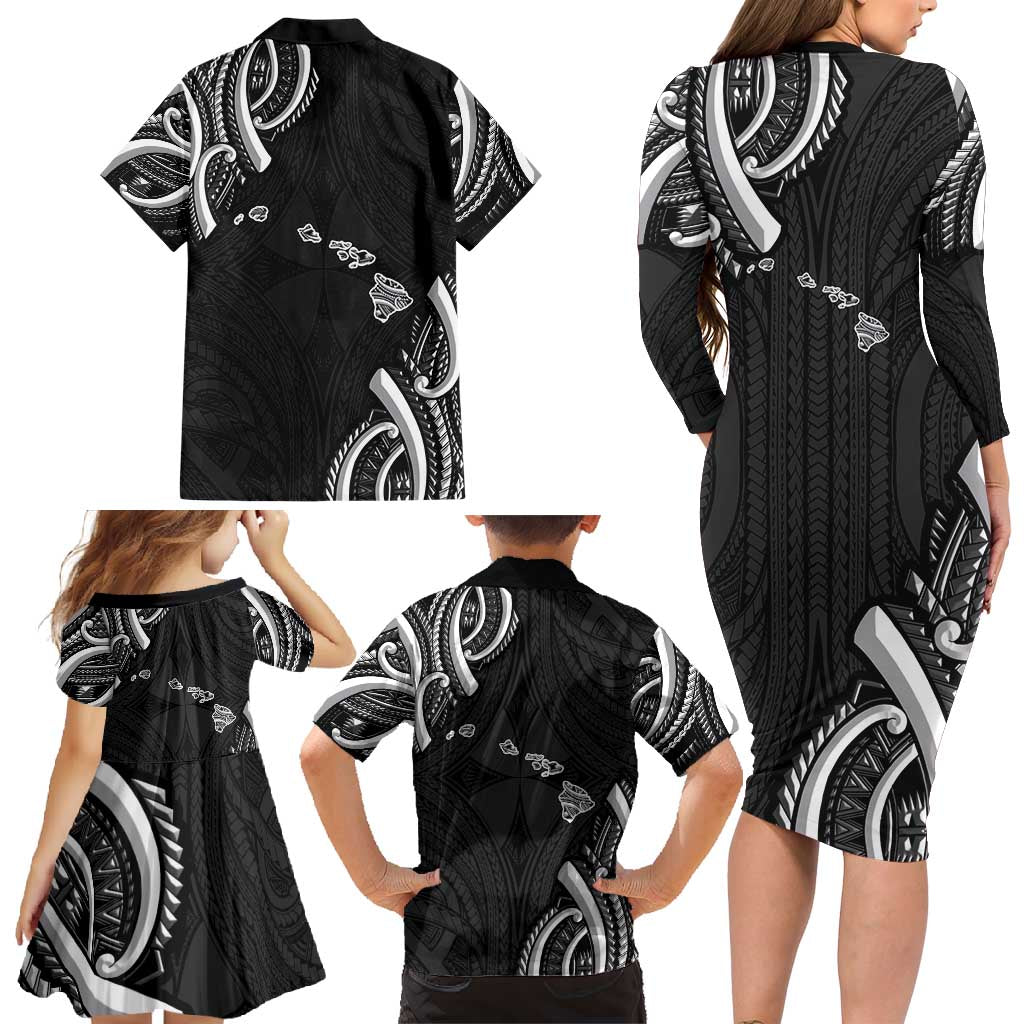 Traditional Art Hawaiian Kakau Tattoos Family Matching Long Sleeve Bodycon Dress and Hawaiian Shirt White - Polynesian Pride