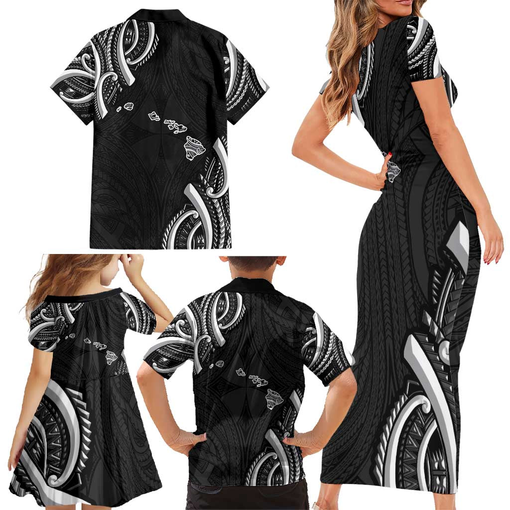 Traditional Art Hawaiian Kakau Tattoos Family Matching Short Sleeve Bodycon Dress and Hawaiian Shirt White - Polynesian Pride