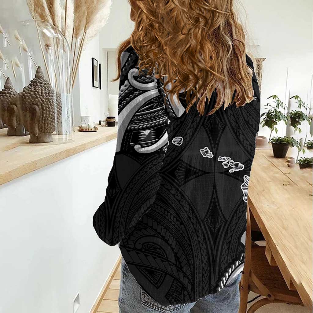 Traditional Art Hawaiian Kakau Tattoos Women Casual Shirt White - Polynesian Pride