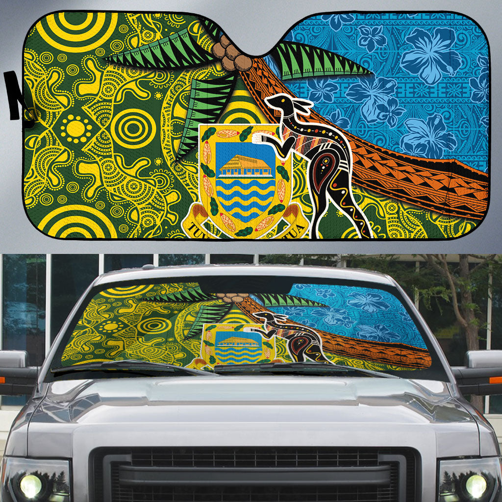 Tuvalu and Australia Together Auto Sun Shade Tapa Pattern and Aboriginal mix Culture