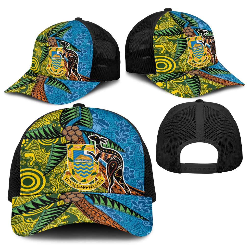 Tuvalu and Australia Together Baseball Net Cap Tapa Pattern and Aboriginal mix Culture