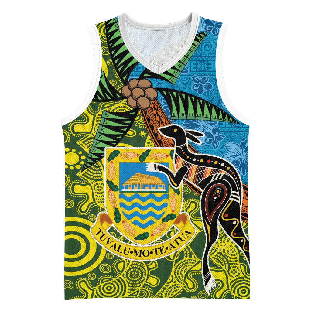 Tuvalu and Australia Together Basketball Jersey Tapa Pattern and Aboriginal mix Culture