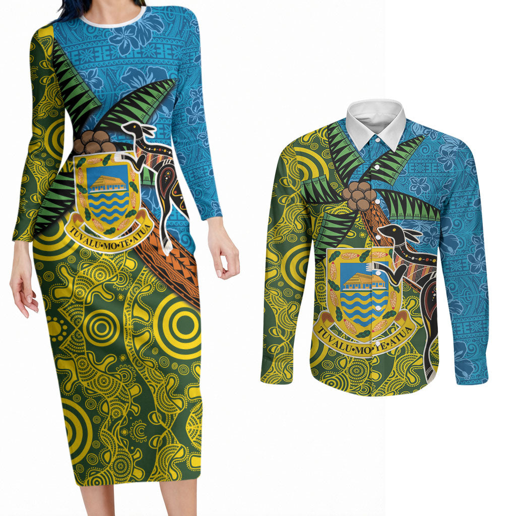 Tuvalu and Australia Together Couples Matching Long Sleeve Bodycon Dress and Long Sleeve Button Shirt Tapa Pattern and Aboriginal mix Culture LT03 Multicolor - Polynesian Pride