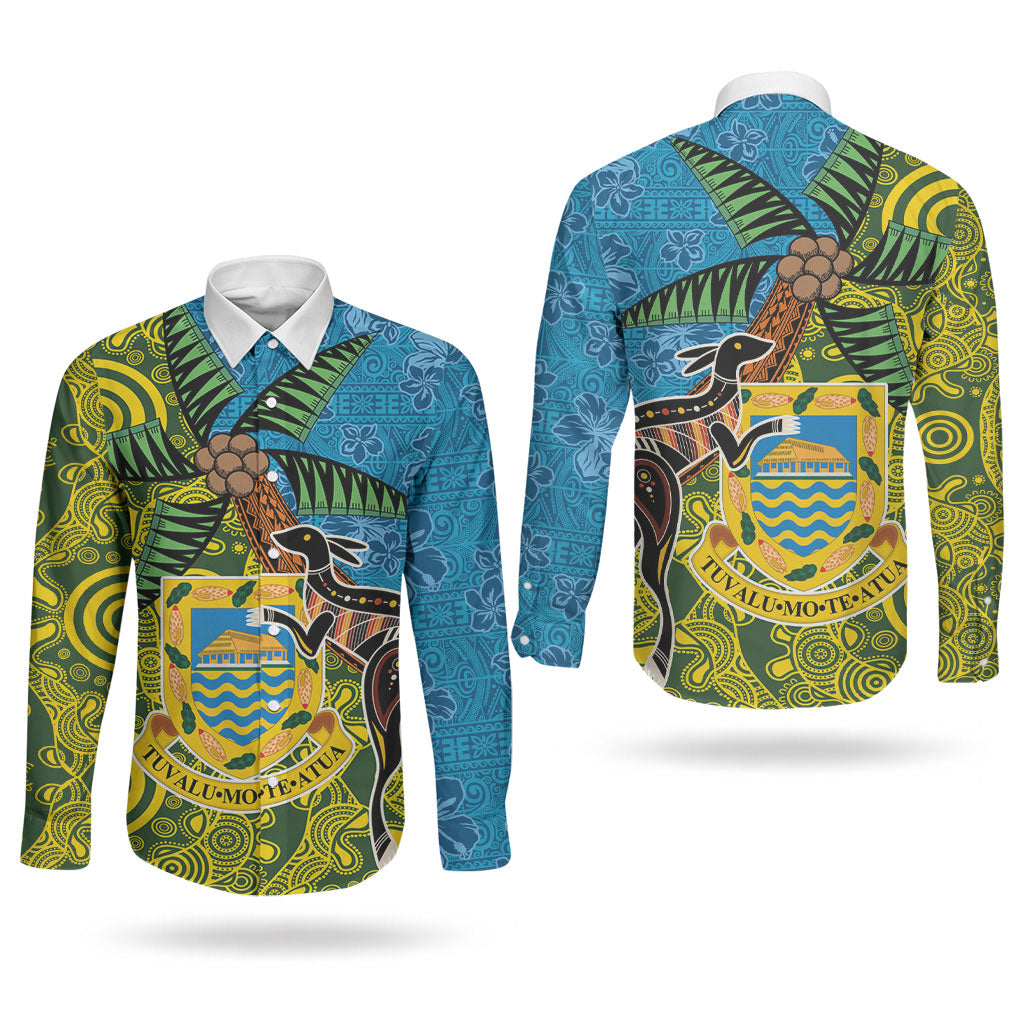 Tuvalu and Australia Together Couples Matching Mermaid Dress and Long Sleeve Button Shirt Tapa Pattern and Aboriginal mix Culture