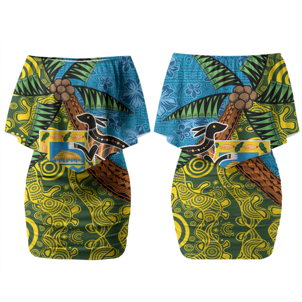 Tuvalu and Australia Together Couples Matching Off Shoulder Short Dress and Long Sleeve Button Shirt Tapa Pattern and Aboriginal mix Culture