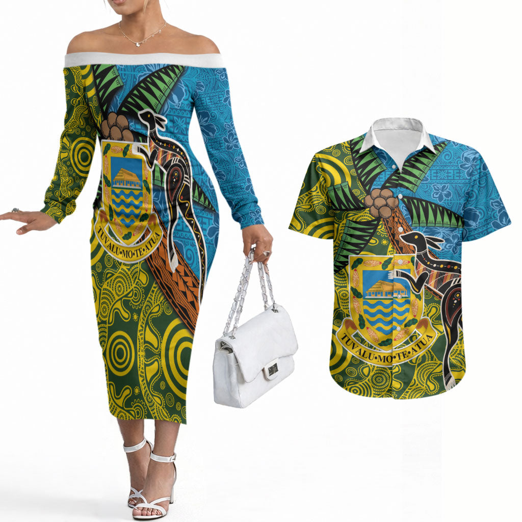 Tuvalu and Australia Together Couples Matching Off The Shoulder Long Sleeve Dress and Hawaiian Shirt Tapa Pattern and Aboriginal mix Culture