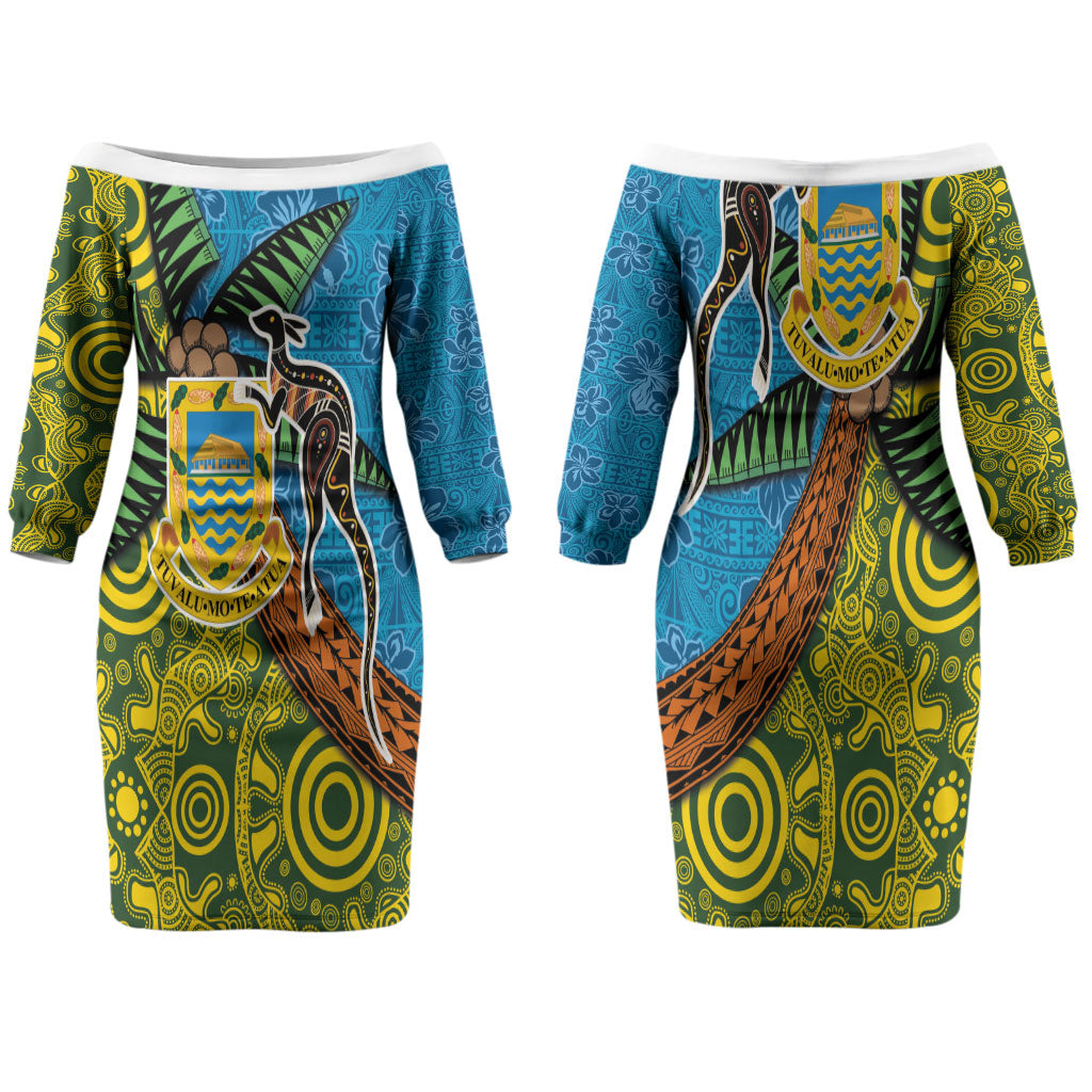 Tuvalu and Australia Together Couples Matching Off The Shoulder Long Sleeve Dress and Hawaiian Shirt Tapa Pattern and Aboriginal mix Culture
