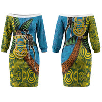 Tuvalu and Australia Together Couples Matching Off The Shoulder Long Sleeve Dress and Long Sleeve Button Shirt Tapa Pattern and Aboriginal mix Culture