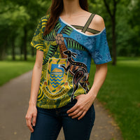 Tuvalu and Australia Together Cross Shoulder Shirt Tapa Pattern and Aboriginal mix Culture