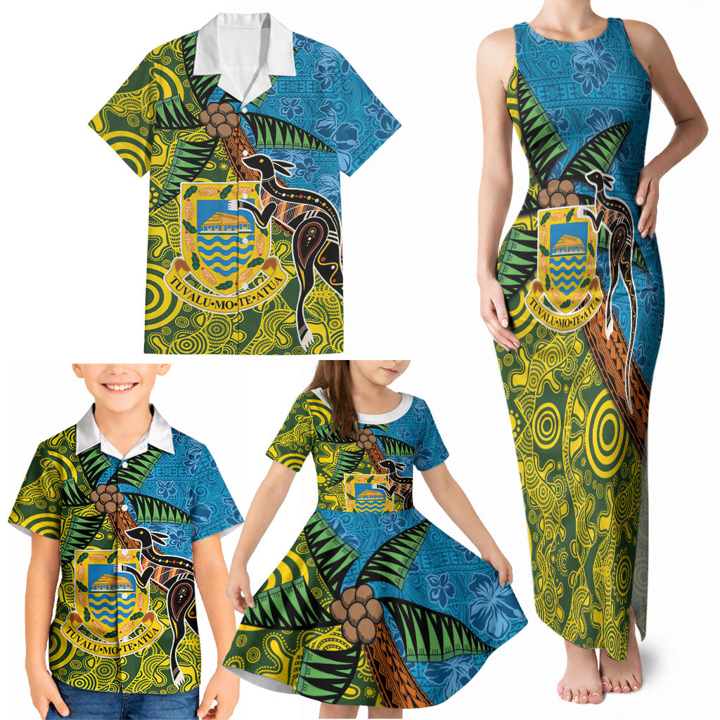Tuvalu and Australia Together Family Matching Tank Maxi Dress and Hawaiian Shirt Tapa Pattern and Aboriginal mix Culture