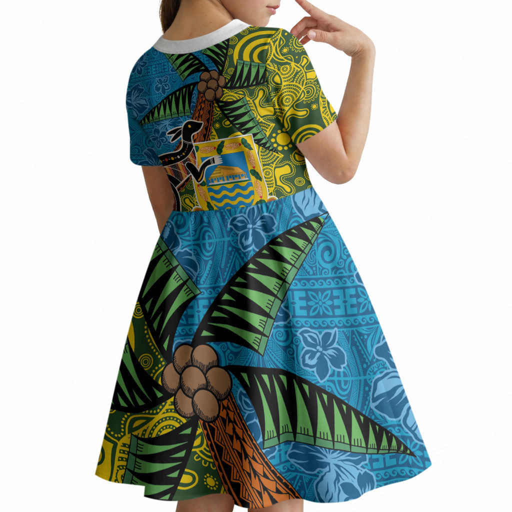 Tuvalu and Australia Together Kid Short Sleeve Dress Tapa Pattern and Aboriginal mix Culture