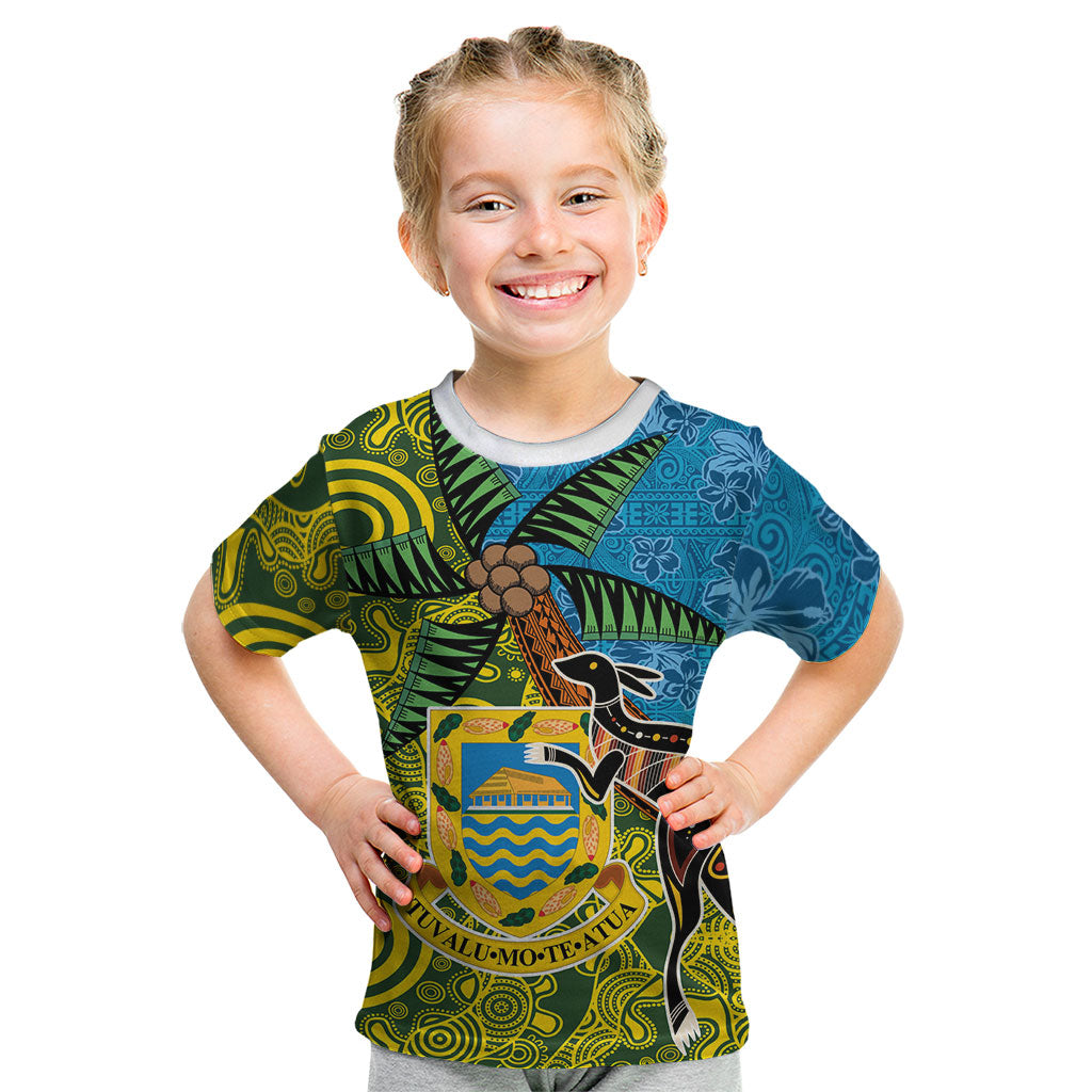 Tuvalu and Australia Together Kid T Shirt Tapa Pattern and Aboriginal mix Culture