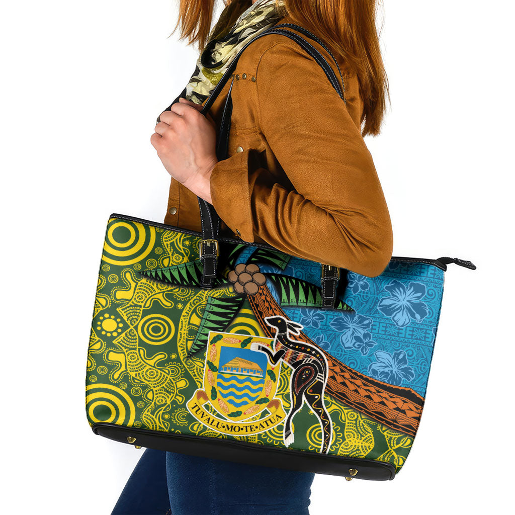 Tuvalu and Australia Together Leather Tote Bag Tapa Pattern and Aboriginal mix Culture