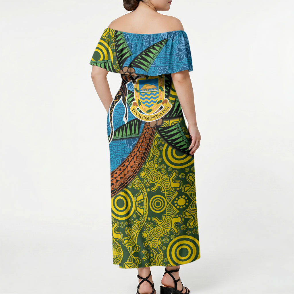 Tuvalu and Australia Together Off Shoulder Maxi Dress Tapa Pattern and Aboriginal mix Culture