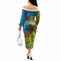 Tuvalu and Australia Together Off The Shoulder Long Sleeve Dress Tapa Pattern and Aboriginal mix Culture