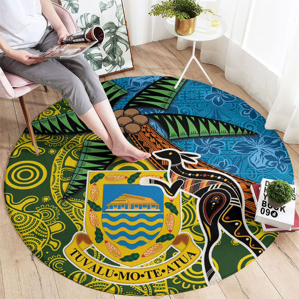 Tuvalu and Australia Together Round Carpet Tapa Pattern and Aboriginal mix Culture