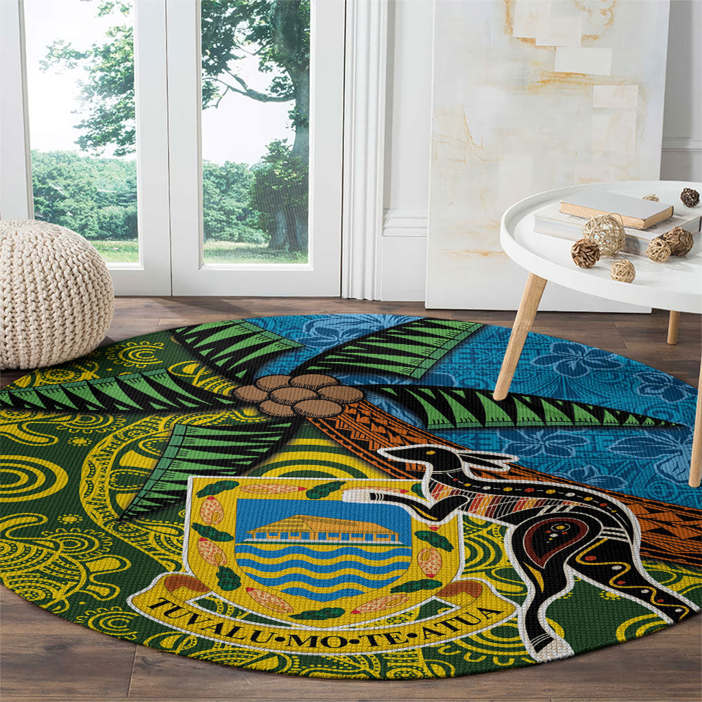 Tuvalu and Australia Together Round Carpet Tapa Pattern and Aboriginal mix Culture