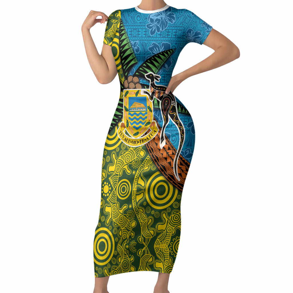 Tuvalu and Australia Together Short Sleeve Bodycon Dress Tapa Pattern and Aboriginal mix Culture