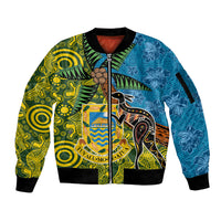 Tuvalu and Australia Together Sleeve Zip Bomber Jacket Tapa Pattern and Aboriginal mix Culture