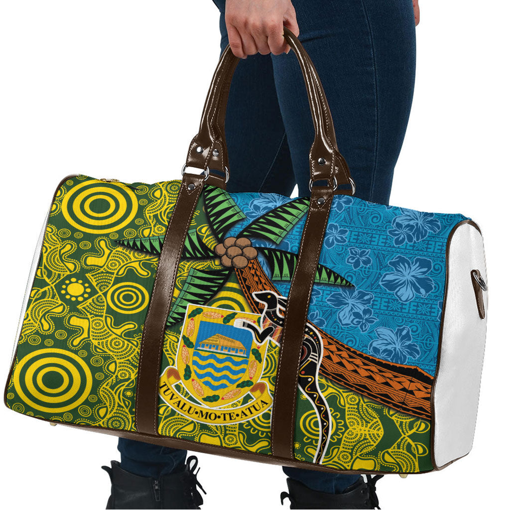 Tuvalu and Australia Together Travel Bag Tapa Pattern and Aboriginal mix Culture