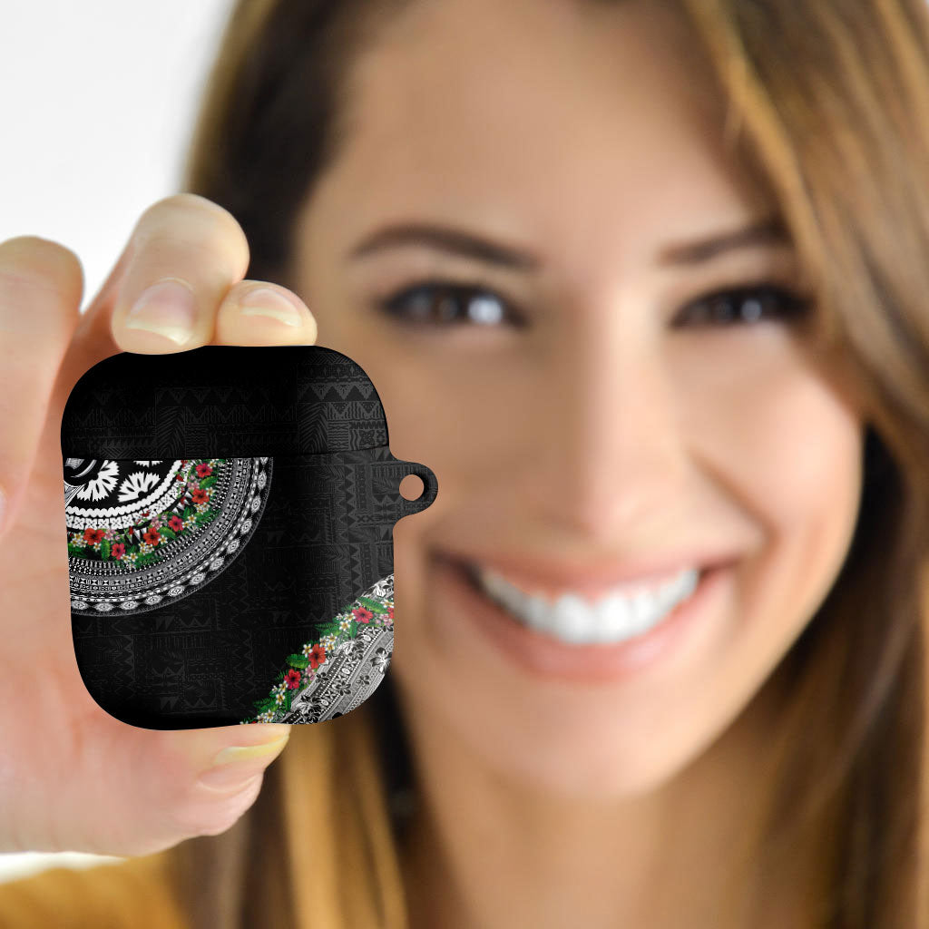 Fiji Hibiscus AirPods Case Tapa Masi Motifs with Tropical Plants