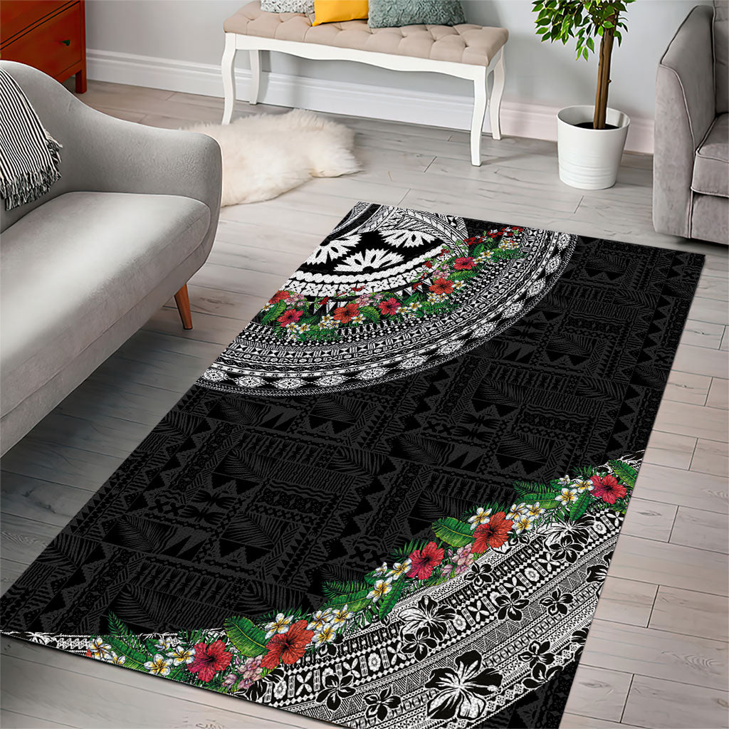 Fiji Hibiscus Area Rug Tapa Masi Motifs with Tropical Plants