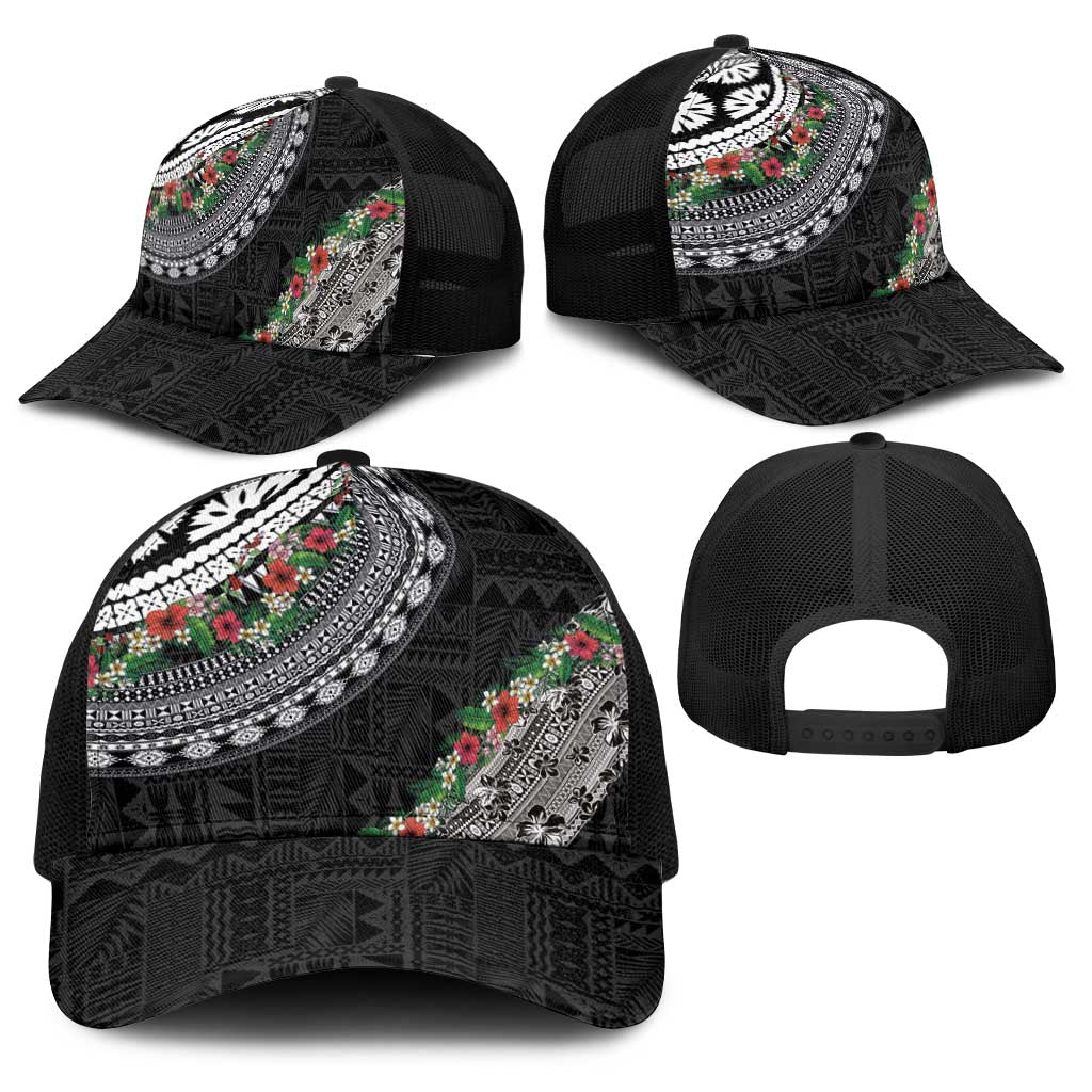 Fiji Hibiscus Baseball Net Cap Tapa Masi Motifs with Tropical Plants