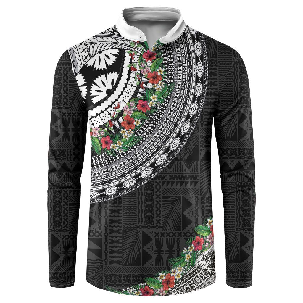 Fiji Hibiscus Button Sweatshirt Tapa Masi Motifs with Tropical Plants