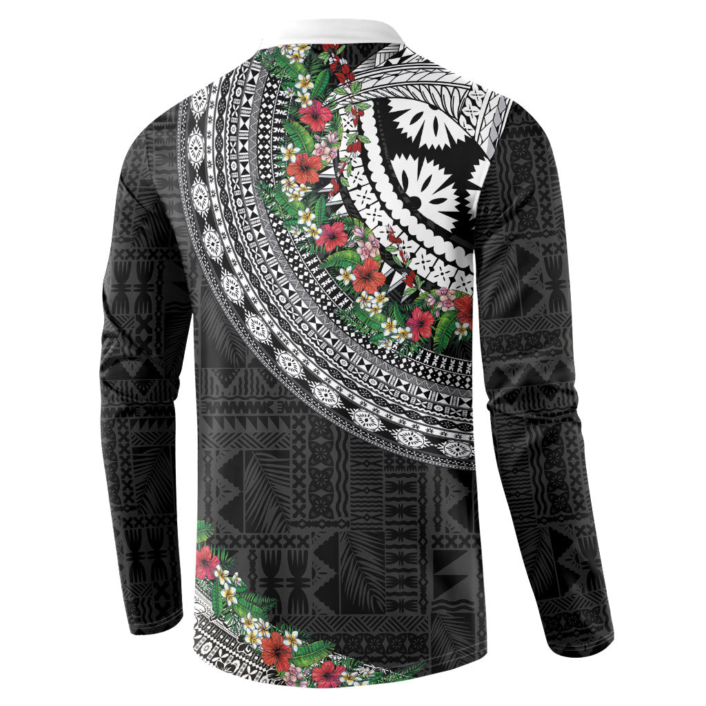 Fiji Hibiscus Button Sweatshirt Tapa Masi Motifs with Tropical Plants