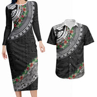 Fiji Hibiscus Couples Matching Long Sleeve Bodycon Dress and Hawaiian Shirt Tapa Masi Motifs with Tropical Plants