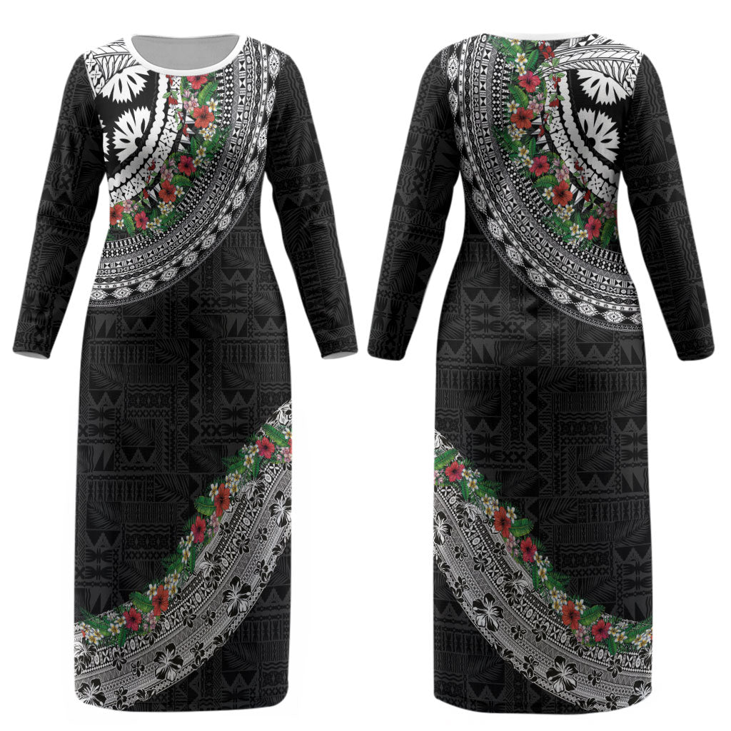 Fiji Hibiscus Couples Matching Long Sleeve Bodycon Dress and Hawaiian Shirt Tapa Masi Motifs with Tropical Plants