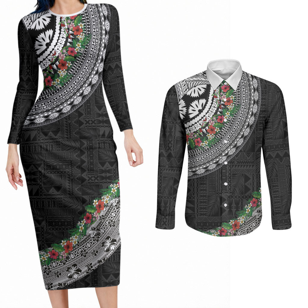 Fiji Hibiscus Couples Matching Long Sleeve Bodycon Dress and Long Sleeve Button Shirt Tapa Masi Motifs with Tropical Plants