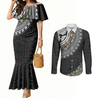 Fiji Hibiscus Couples Matching Mermaid Dress and Long Sleeve Button Shirt Tapa Masi Motifs with Tropical Plants