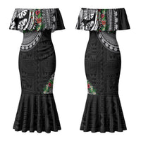 Fiji Hibiscus Couples Matching Mermaid Dress and Long Sleeve Button Shirt Tapa Masi Motifs with Tropical Plants