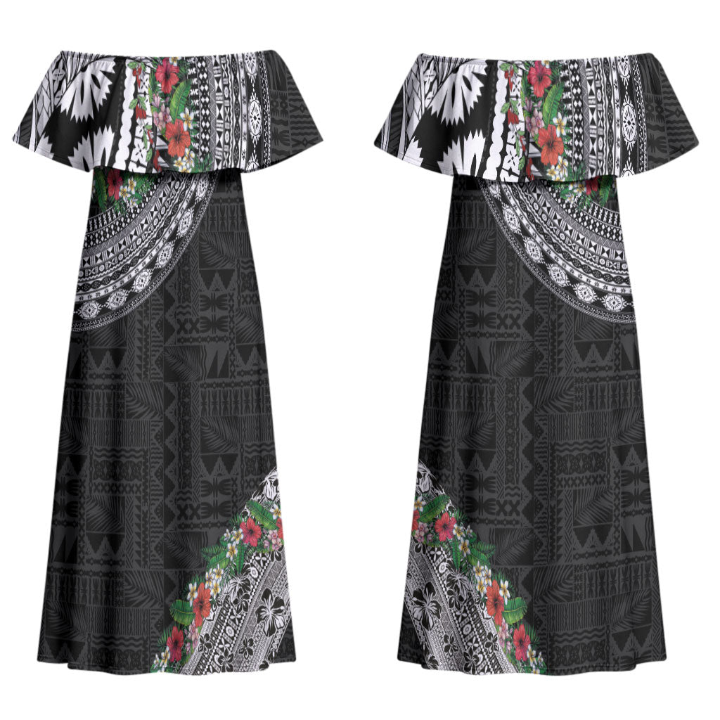 Fiji Hibiscus Couples Matching Off Shoulder Maxi Dress and Hawaiian Shirt Tapa Masi Motifs with Tropical Plants
