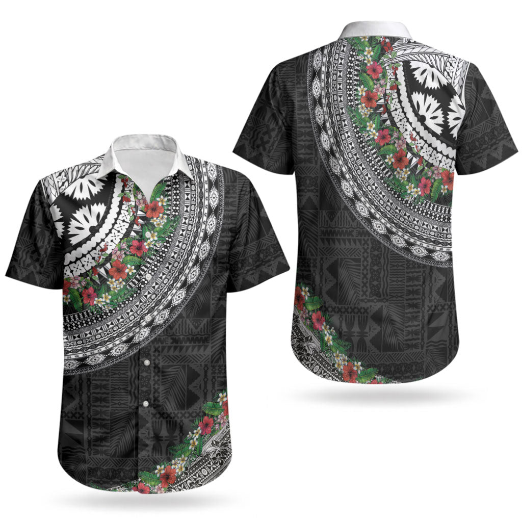 Fiji Hibiscus Couples Matching Off Shoulder Short Dress and Hawaiian Shirt Tapa Masi Motifs with Tropical Plants