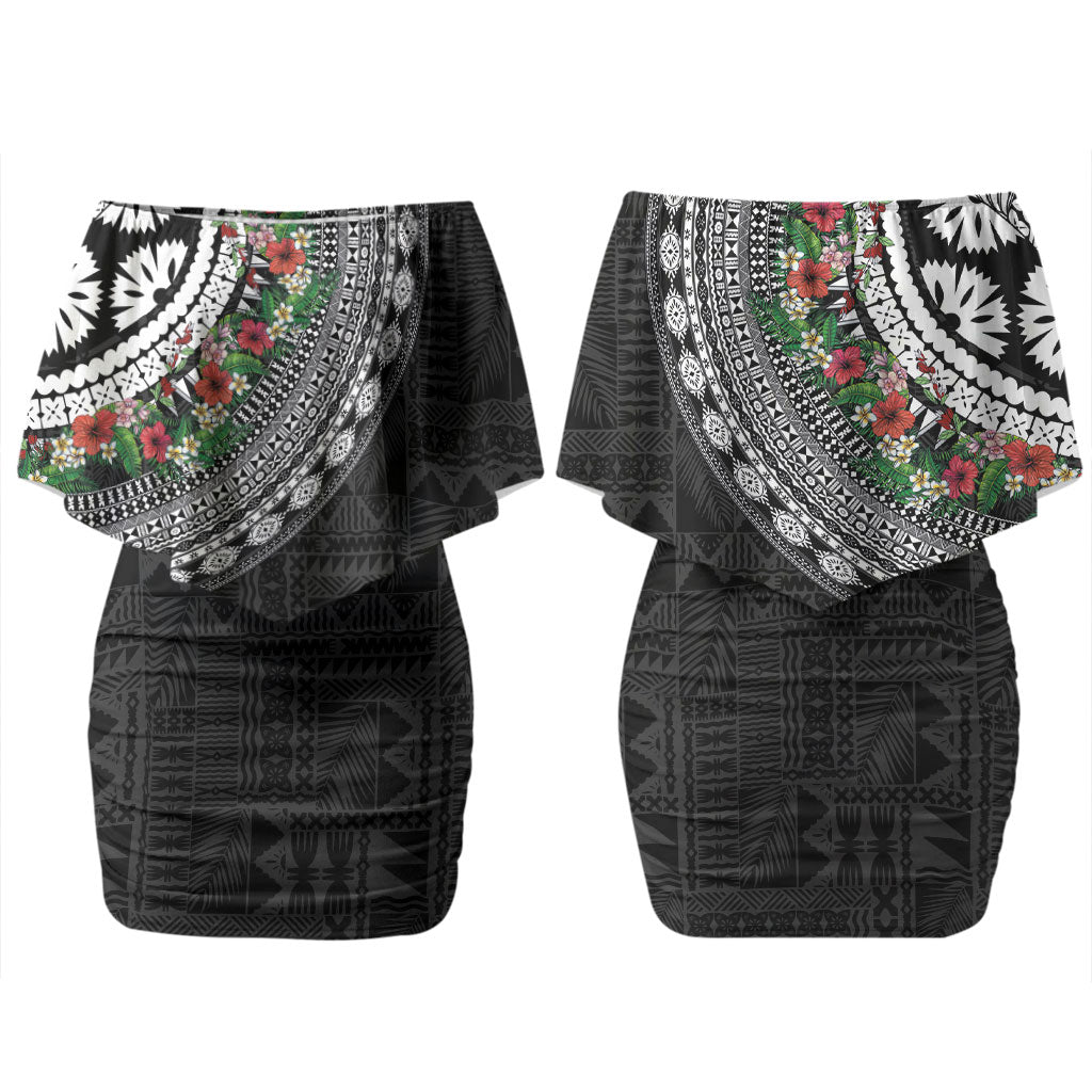 Fiji Hibiscus Couples Matching Off Shoulder Short Dress and Long Sleeve Button Shirt Tapa Masi Motifs with Tropical Plants