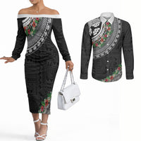 Fiji Hibiscus Couples Matching Off The Shoulder Long Sleeve Dress and Long Sleeve Button Shirt Tapa Masi Motifs with Tropical Plants