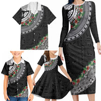 Fiji Hibiscus Family Matching Long Sleeve Bodycon Dress and Hawaiian Shirt Tapa Masi Motifs with Tropical Plants LT03 - Polynesian Pride