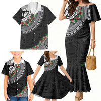 Fiji Hibiscus Family Matching Mermaid Dress and Hawaiian Shirt Tapa Masi Motifs with Tropical Plants
