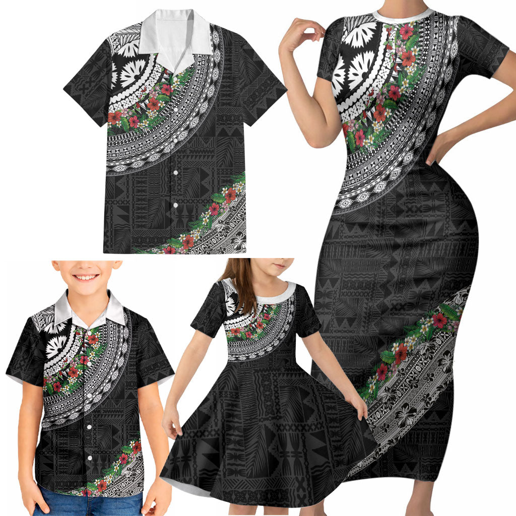Fiji Hibiscus Family Matching Short Sleeve Bodycon Dress and Hawaiian Shirt Tapa Masi Motifs with Tropical Plants LT03 - Polynesian Pride